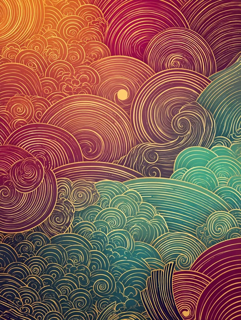 An abstract image featuring a vibrant, swirling pattern reminiscent of stylized clouds or waves.  The design uses concentric circles and spirals in varying shades of red, orange, and teal, outlined in gold. The overall effect is one of dynamic movement and rich texture, evoking a sense of fluidity and depth. The color palette creates a warm, almost ethereal atmosphere.