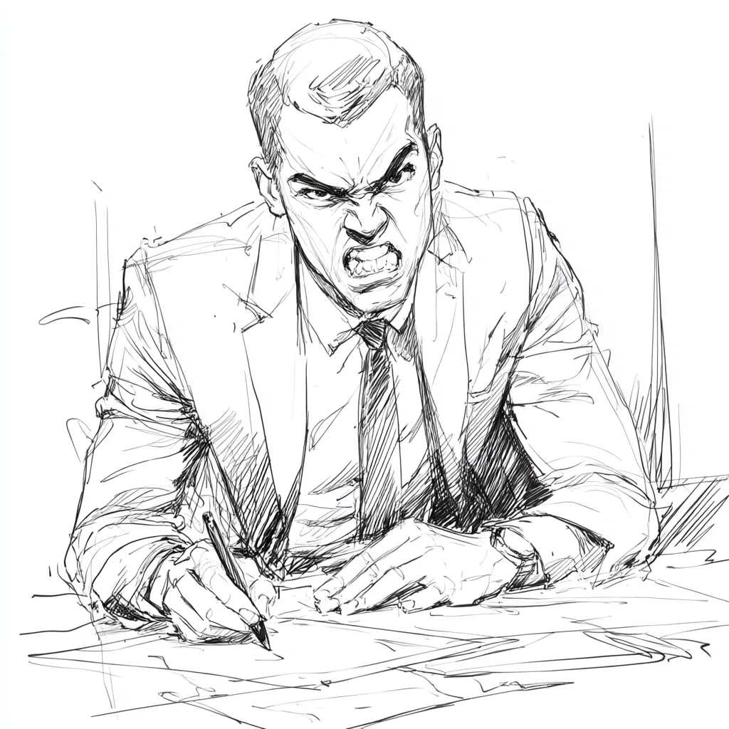 A dynamic sketch depicts an angry man in a suit, hunched over a table. His face is contorted in a furious expression, his mouth open in a shout.  He grips a pen, seemingly in the midst of writing or signing something important, his frustration evident in his tense posture and aggressive stance. The lines are expressive and capture the raw emotion of the moment.