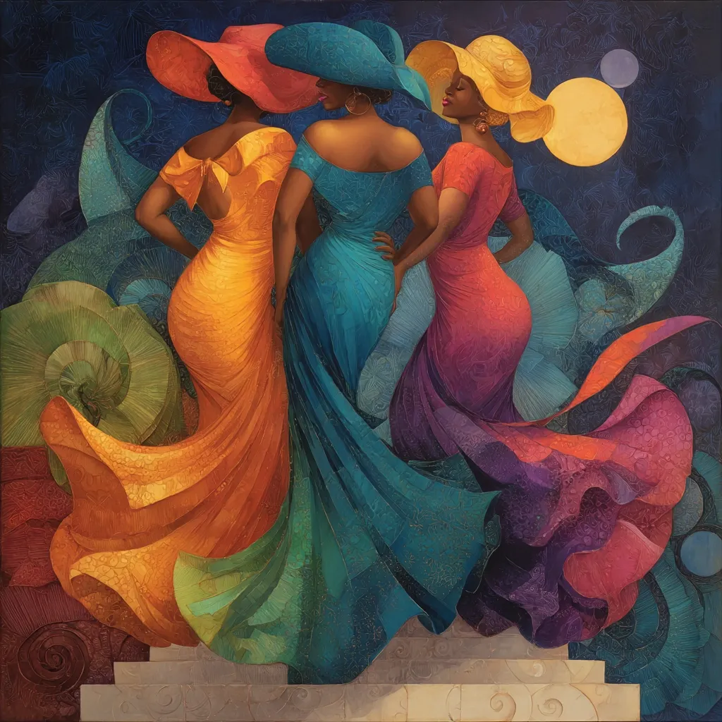 Three Black women in elegant, flowing gowns of orange, teal, and magenta stand on a platform against a dark, swirling background.  They wear wide-brimmed hats in coordinating colors. The painting's style is richly textured and evocative, emphasizing the women's grace and the vibrancy of their attire.  A celestial backdrop with moons adds a mystical element to the scene.
