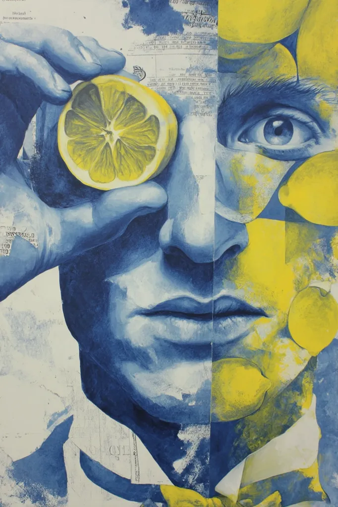 A stylized portrait in blues and yellows depicts a man's face partially obscured by lemon slices.  One hand holds a lemon half over one eye. The background incorporates textured paper and fragments of text, creating a collage effect. The painting's style is expressive and bold, with a focus on contrasting colors and textures. The overall mood is intriguing and slightly surreal.