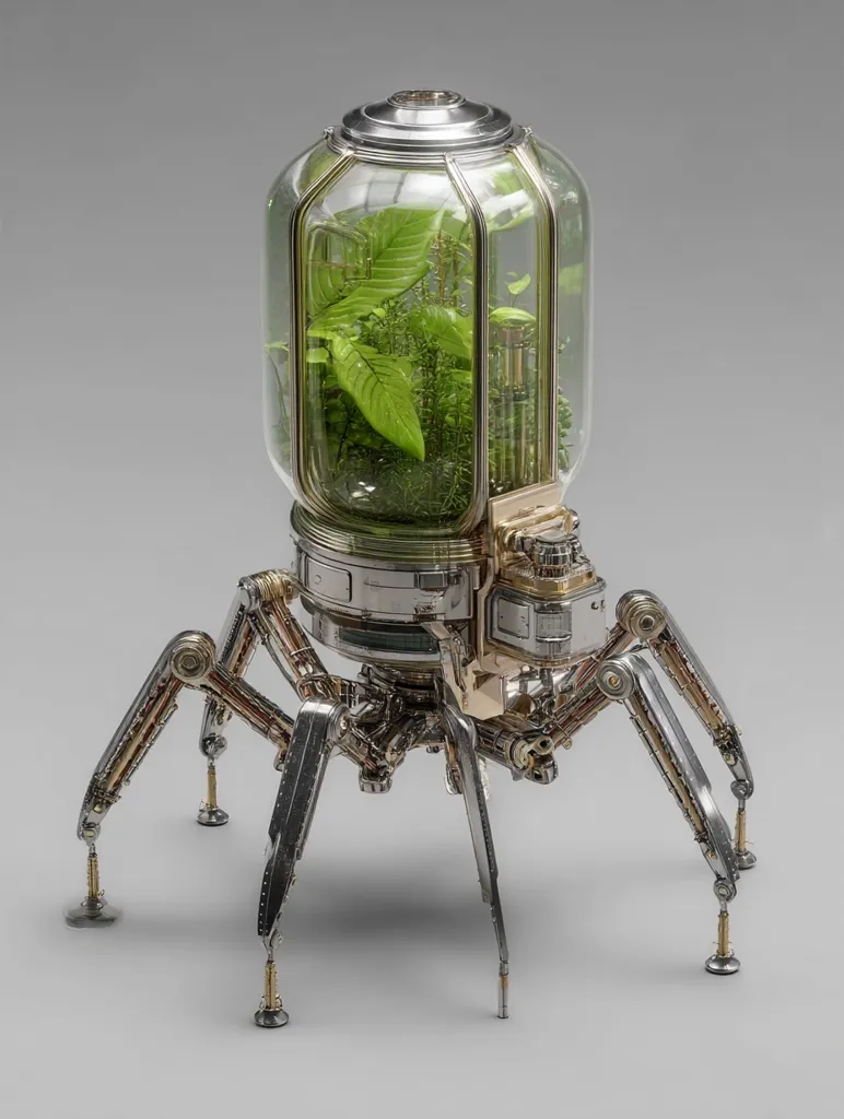 A steampunk-inspired robotic spider supports a glass terrarium. The terrarium, crafted from polished metal and glass, houses a thriving miniature ecosystem of green plants.  The intricate mechanical legs of the spider are detailed with brass and silver components, creating a striking contrast with the vibrant greenery within the enclosed glass environment. The overall aesthetic is one of sophisticated artistry and futuristic botanical engineering.