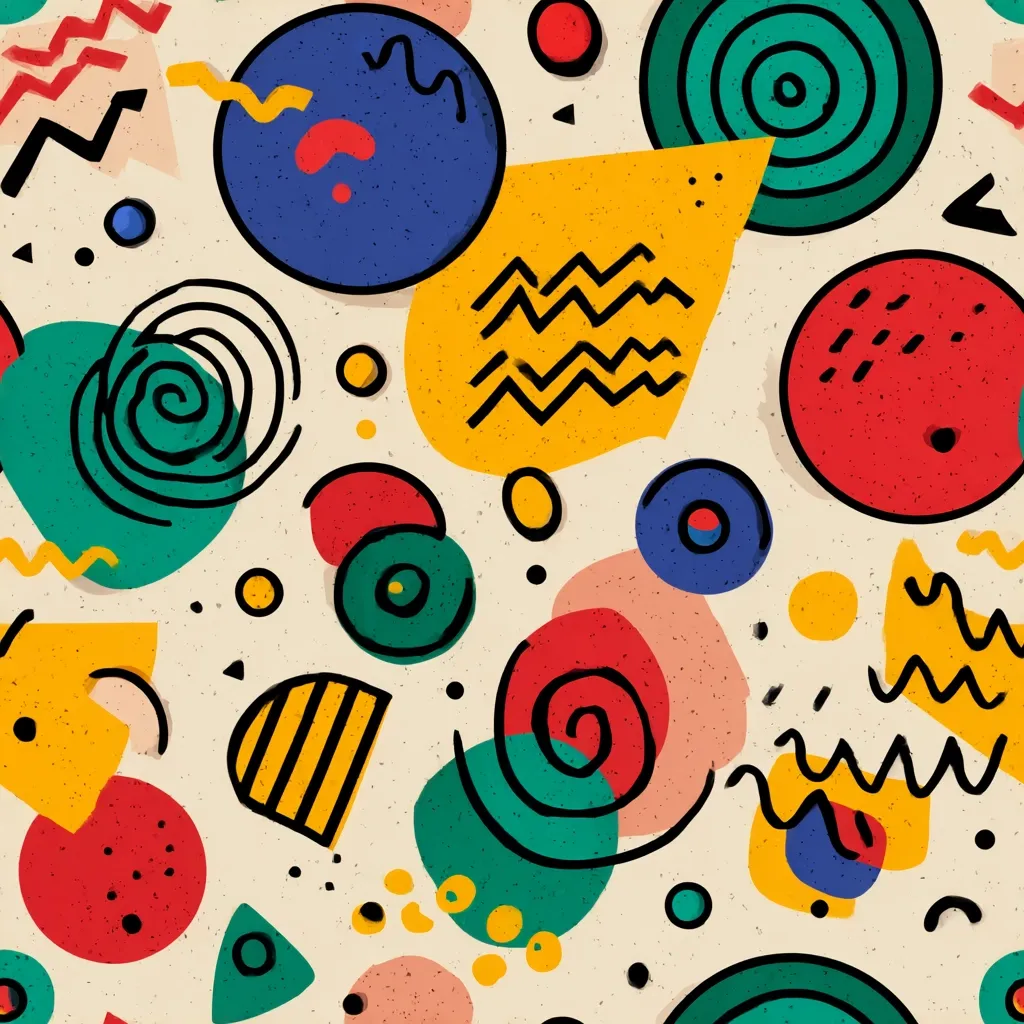 A vibrant, seamless pattern bursts with bold, playful shapes.  Circles, spirals, zigzags, and geometric forms in a variety of bright colors—red, yellow, blue, green—are scattered across a creamy beige background.  The style is reminiscent of 90s retro design, featuring hand-drawn elements and a textured feel.  The overall effect is energetic and fun.