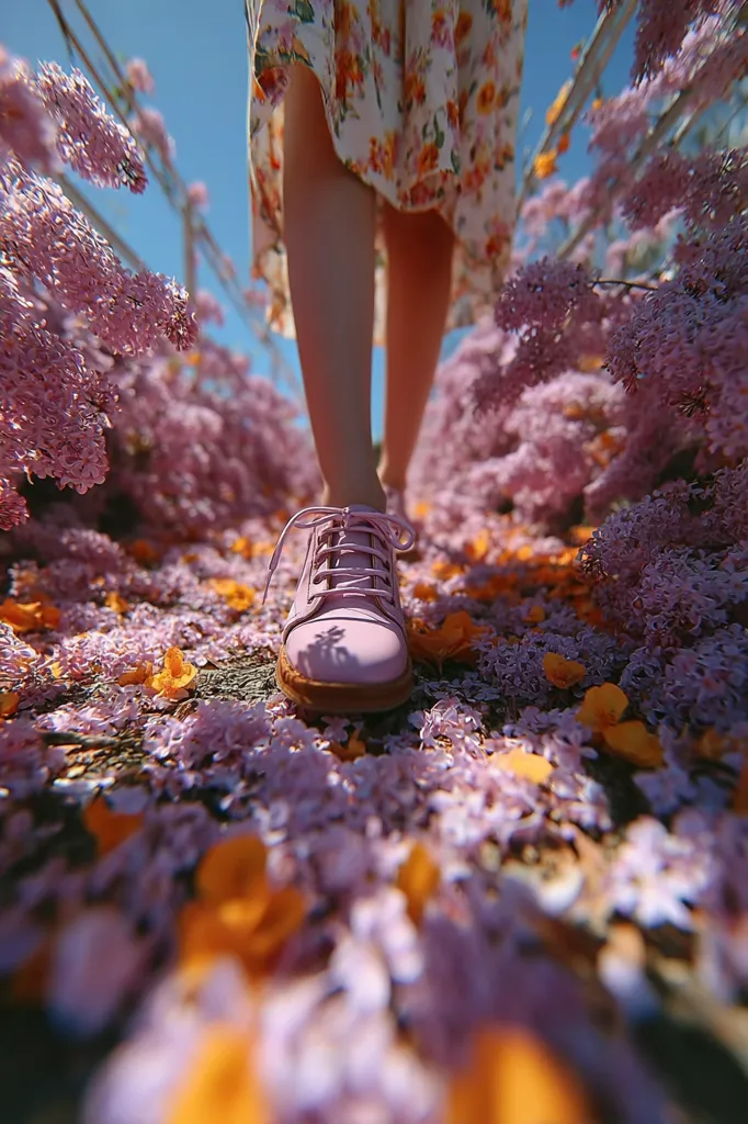 A woman in a floral dress walks through a path covered in purple blossoms and scattered orange petals.  Her light pink shoes are in sharp focus, contrasting with the soft-focus background of vibrant flowers. The scene evokes a sense of springtime serenity and beauty.
