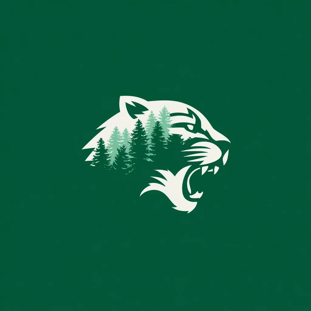 A stylized profile of a snarling big cat's head is depicted against a dark green background.  The cat's silhouette is overlaid with a forest scene, creating a double exposure effect.  The image blends the wildness of the animal with the tranquility of nature, resulting in a powerful and evocative logo. The overall aesthetic is clean and modern.