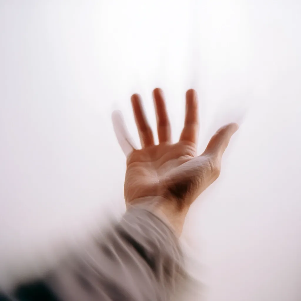 A hand reaches out towards a translucent surface, fingers splayed.  The arm and hand are slightly blurred, creating a sense of motion or distance. The background is a soft, white blur. The image evokes feelings of longing, reaching, or searching.