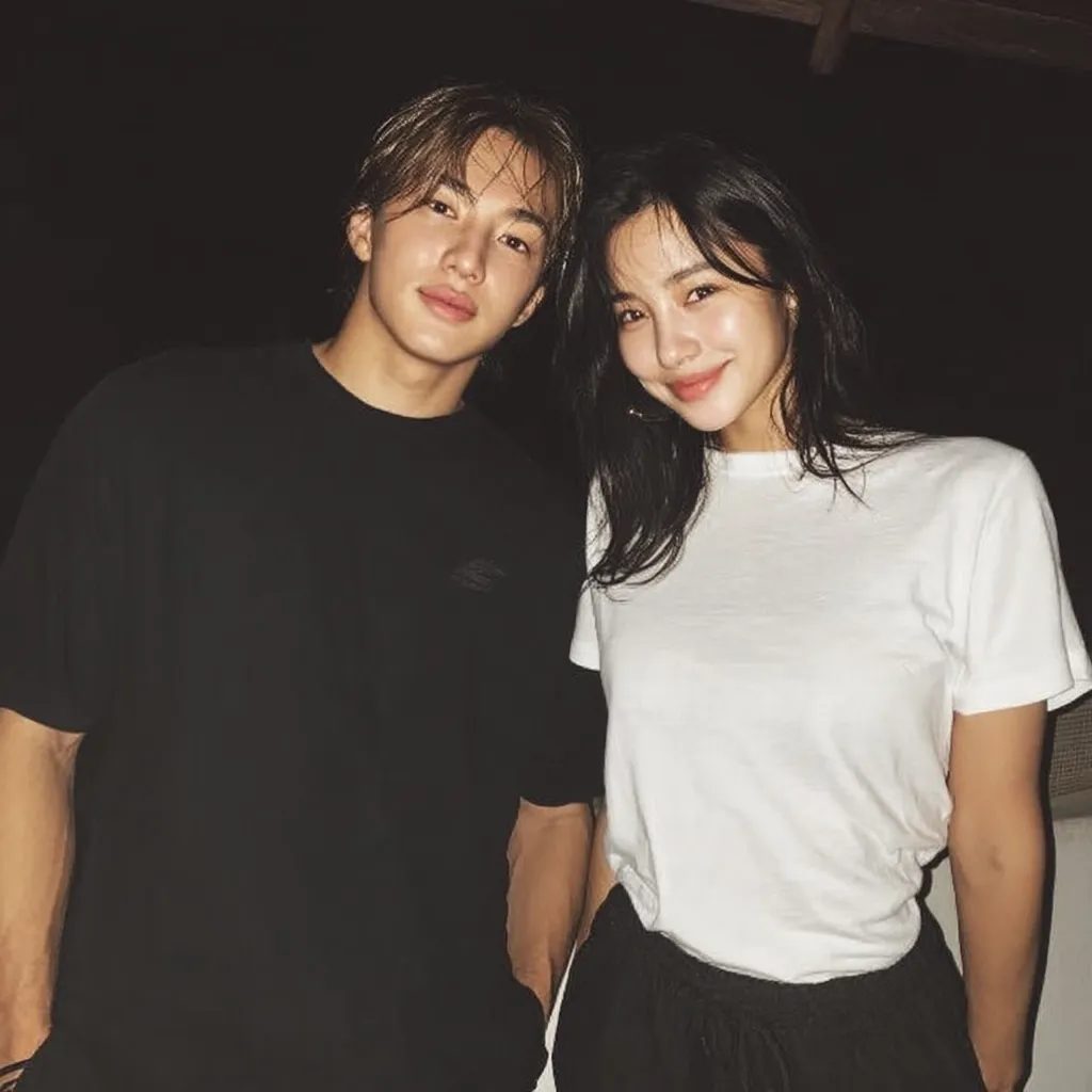 A young man and woman pose closely together in a nighttime setting.  The man, with longish brown hair, wears a simple black t-shirt. The woman, with dark hair, is wearing a white t-shirt and black pants.  Both have a relaxed and casual appearance, suggesting a friendly or romantic relationship. The image is dimly lit, creating a moody atmosphere.