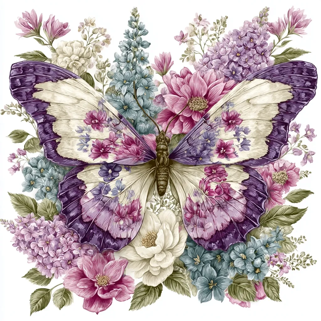 A large, intricately detailed butterfly, predominantly cream and purple, is positioned centrally within a vibrant bouquet of flowers.  The butterfly's wings are adorned with smaller floral patterns, mirroring the surrounding blooms.  The floral arrangement features various shades of purple, pink, and cream, with delicate textures and lush greenery.  The overall style is highly detailed and reminiscent of botanical illustration.