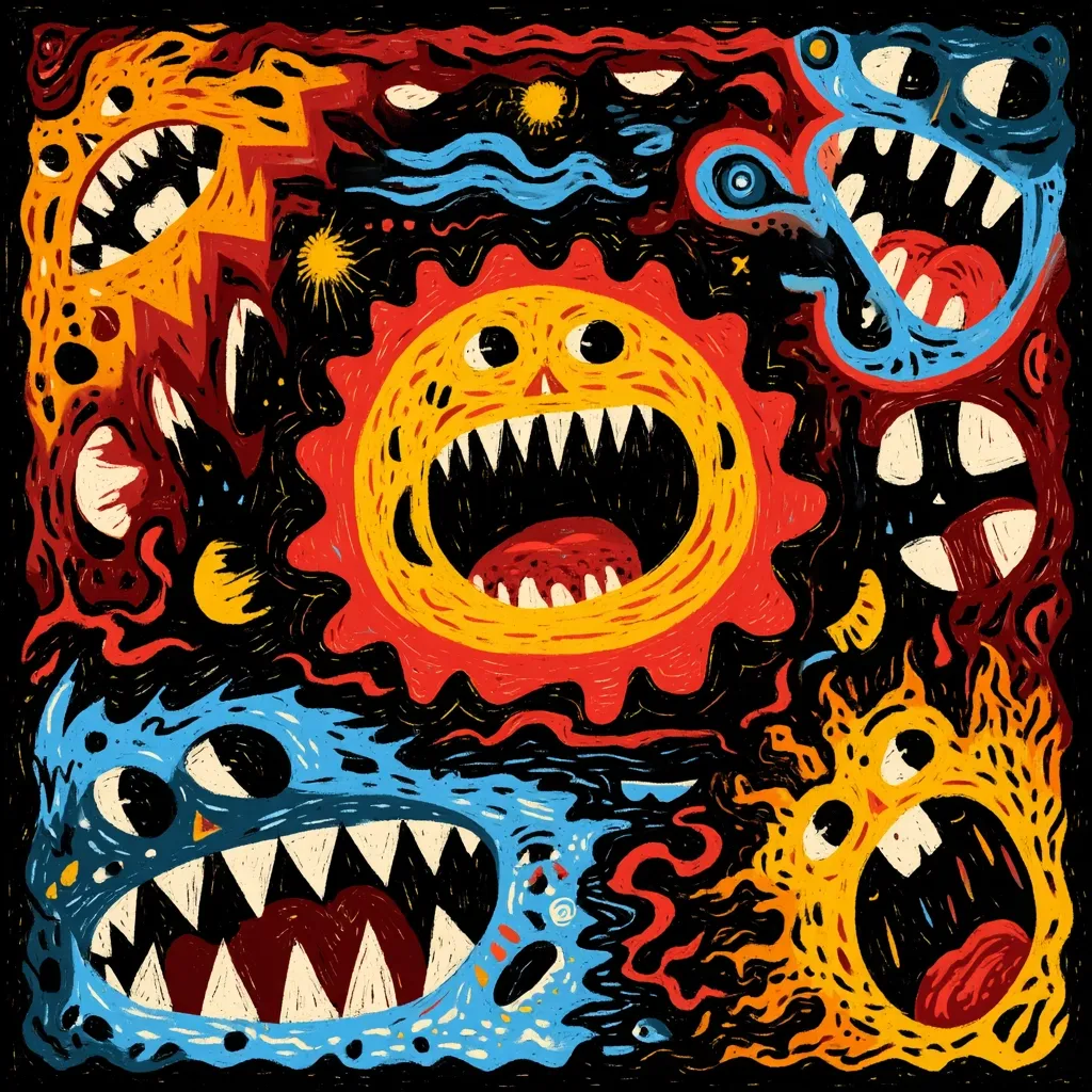 A vibrant, chaotic illustration features a collection of cartoon monsters.  The style is reminiscent of children's book illustrations, yet the creatures are fearsome, with large teeth and open mouths.  Colors are bold and contrasting—reds, oranges, blues, and yellows—against a dark background.  The monsters appear to be intertwined, creating a sense of playful menace.  The overall effect is energetic and slightly surreal.