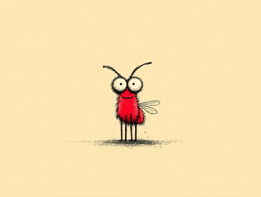 A whimsical illustration depicts a cheerful, red, fuzzy creature resembling a stylized insect.  It has large, expressive eyes, thin legs, and small wings. The creature stands on a lightly textured ground against a pale yellow background, creating a simple yet charming image. The style is reminiscent of hand-drawn character design with a slightly sketchy quality.