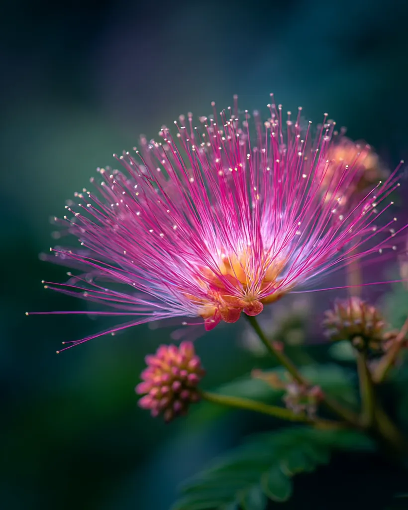 A vibrant pink flower, possibly a Calliandra, dominates the frame.  Its numerous delicate stamens radiate outwards, creating a firework-like effect.  The soft focus background enhances the flower's detail, with a muted green and dark teal backdrop.  Smaller, unopened buds are visible on the stem, adding depth to the image's composition. The overall feel is one of delicate beauty and natural vibrancy.