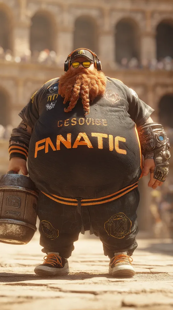 A large, round-bellied man with a long braided red beard, sunglasses, and headphones stands in a Roman Colosseum setting. He wears a black Fanatic esports jersey with orange accents, and a metallic robotic arm.  He carries a large barrel-like object.  The overall style is a blend of fantasy and modern gaming aesthetics.