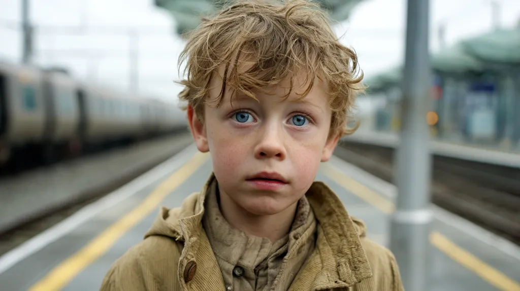 A young boy with blond, curly hair stands on a train platform, his light blue eyes fixed on the camera. He wears a tan corduroy jacket, his expression serious and slightly pensive.  A blurred train passes in the background, suggesting a journey or a sense of travel. The overall mood is quiet and contemplative.