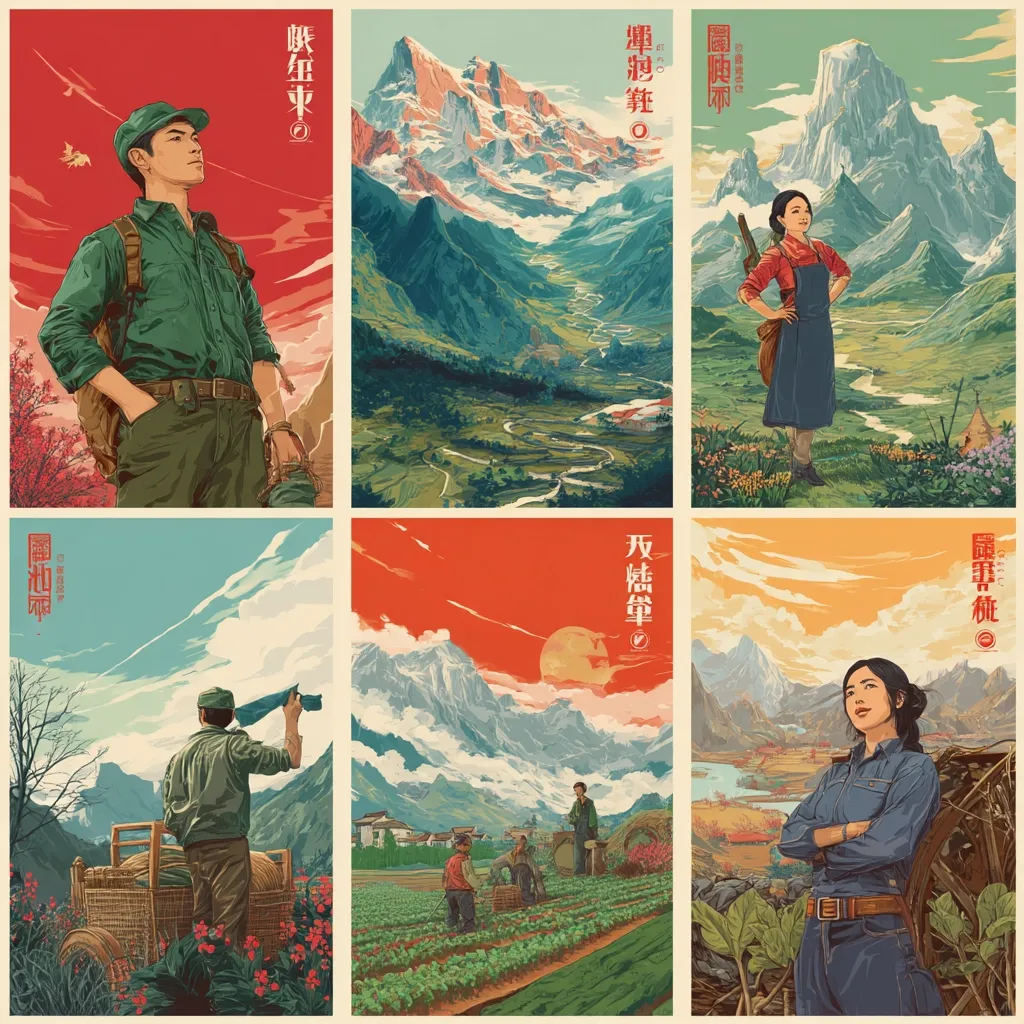 Six vintage-style posters depict individuals in various settings across China.  The artwork features stylized landscapes, including mountains and farmland, with figures representing different professions or roles within Chinese society. The posters showcase a blend of traditional art styles and modern design, evoking a sense of national pride and cultural heritage.  Each poster includes Chinese characters, possibly names or locations.