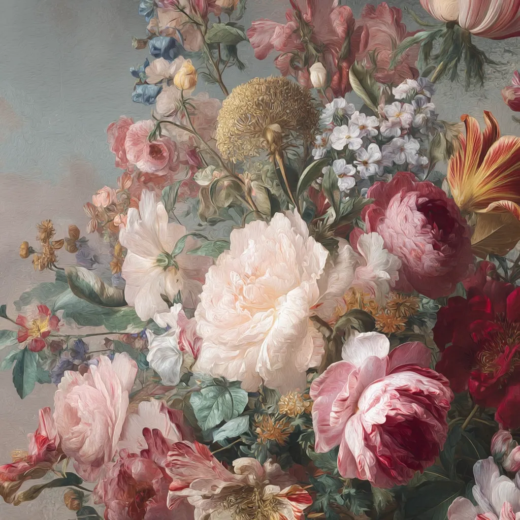 A lush, vibrant still life painting showcases a bountiful bouquet of flowers.  Predominantly pink and cream, the arrangement features large peonies, delicate roses, and various smaller blossoms.  Rich greens of leaves and stems contrast with the soft pastel hues of the blooms, creating a visually captivating and romantic scene. The style suggests a classic, perhaps Dutch, floral painting tradition.  The overall impression is one of opulence and natural beauty.