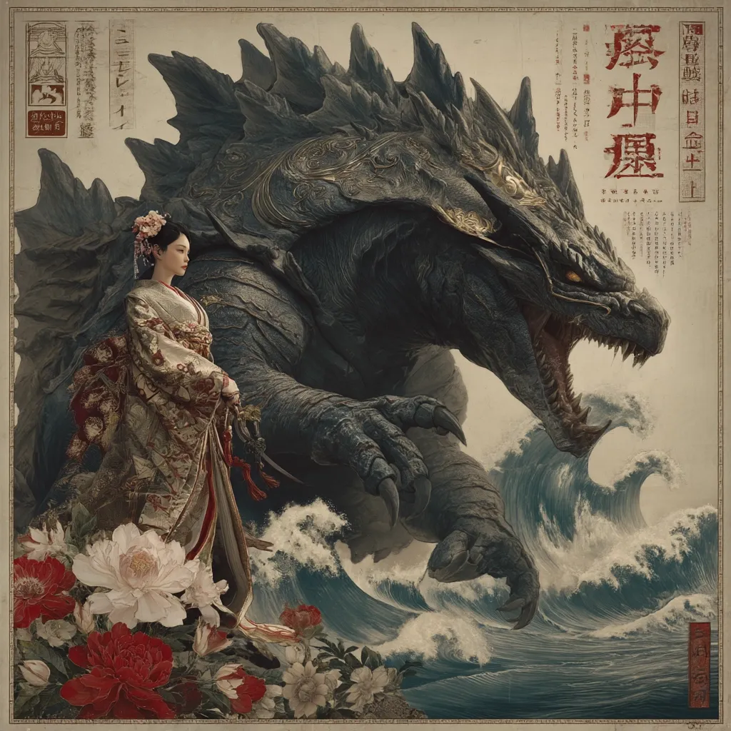A dramatic artwork depicts a colossal, dark gray dragon-like creature emerging from crashing ocean waves.  A woman in a traditional Japanese kimono stands serenely before it, amidst blossoming flowers. The style blends Japanese woodblock print aesthetics with a fantasy monster design, creating a powerful and visually arresting image.  The text suggests a title or story related to the creature.