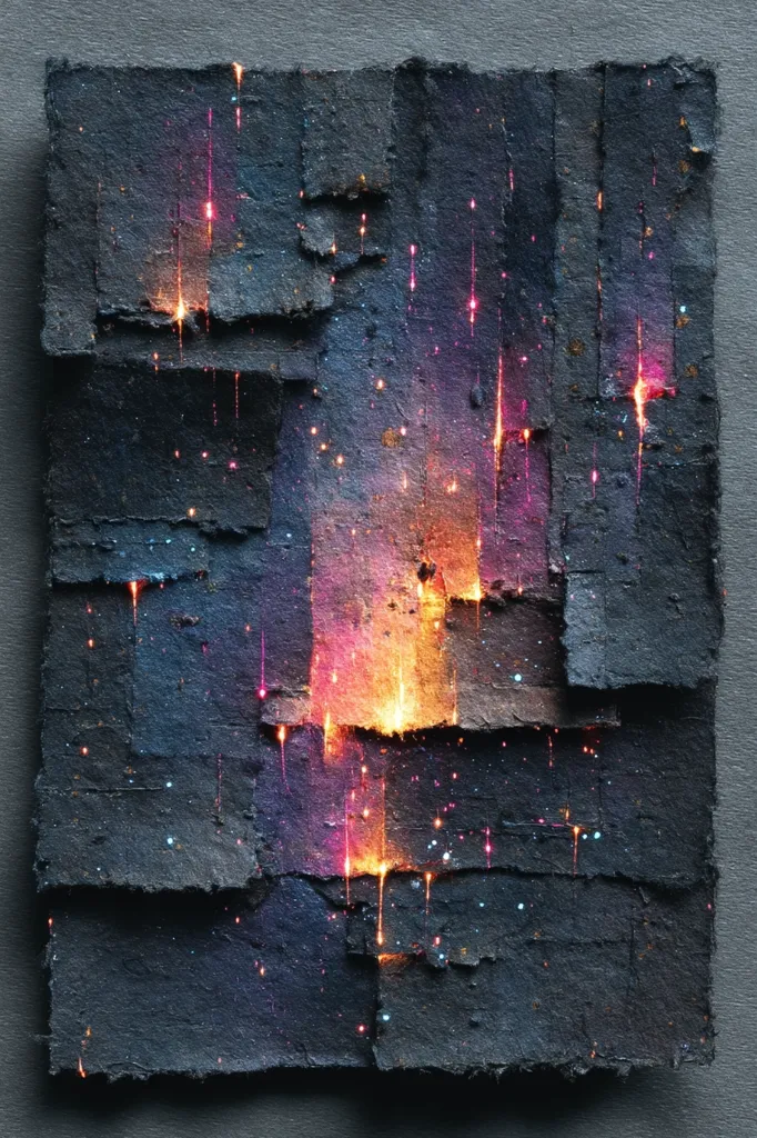 A textured artwork resembling a dark, cosmic landscape.  Layered, rough-hewn blocks of dark material are arranged to form a square composition.  Vibrant streaks of pink, orange, and yellow, resembling sparks or flames, emanate from the center, contrasting sharply with the cool, dark tones.  Small, glittering particles are scattered throughout, adding to the celestial effect. The overall impression is one of intense energy and otherworldly beauty.