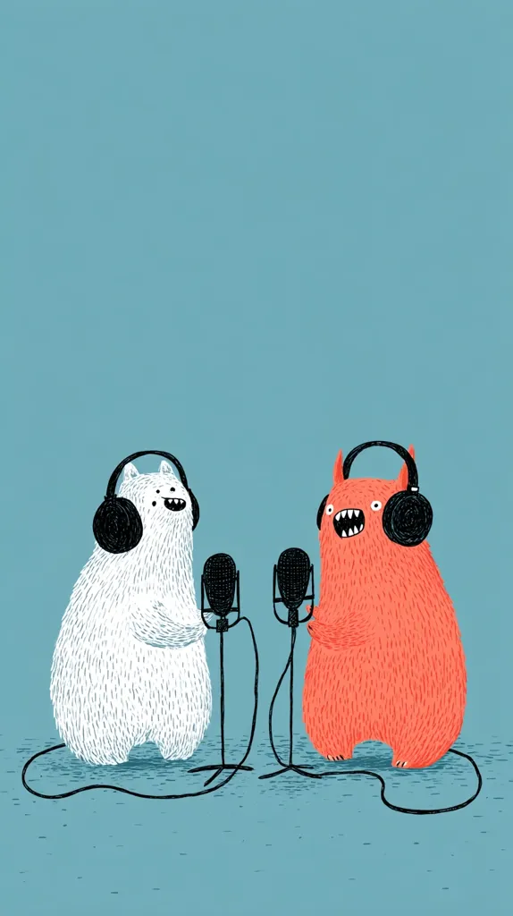 A whimsical illustration depicts two furry creatures, one white and one orange, seated before microphones.  Both wear headphones, suggesting a recording session. The style is playful and childlike, with textured fur and simple, expressive features.  The background is a muted teal, complementing the vibrant colors of the characters.  The overall mood is lighthearted and fun.