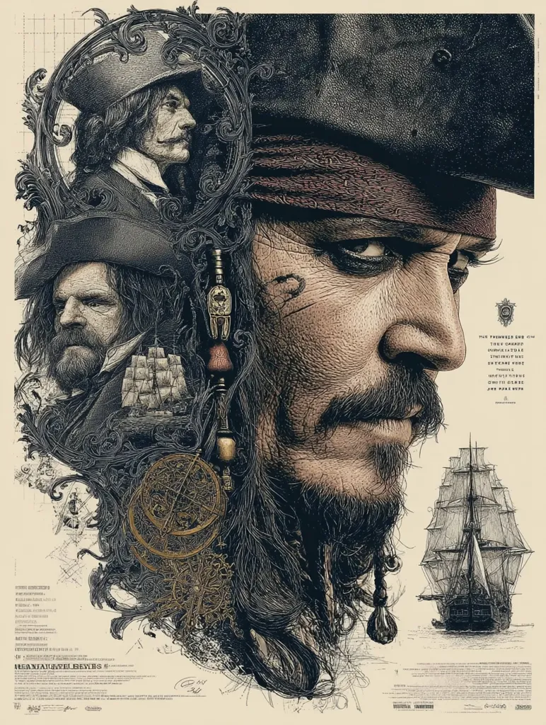 A detailed, stylized poster for Pirates of the Caribbean: Dead Men Tell No Tales features Captain Jack Sparrow's weathered face prominently.  Ornate, antique-style flourishes frame the image, including depictions of other characters, sailing ships, and nautical instruments. The overall aesthetic is dark, gritty, and reminiscent of vintage engravings.  The poster's design evokes a sense of mystery and adventure.