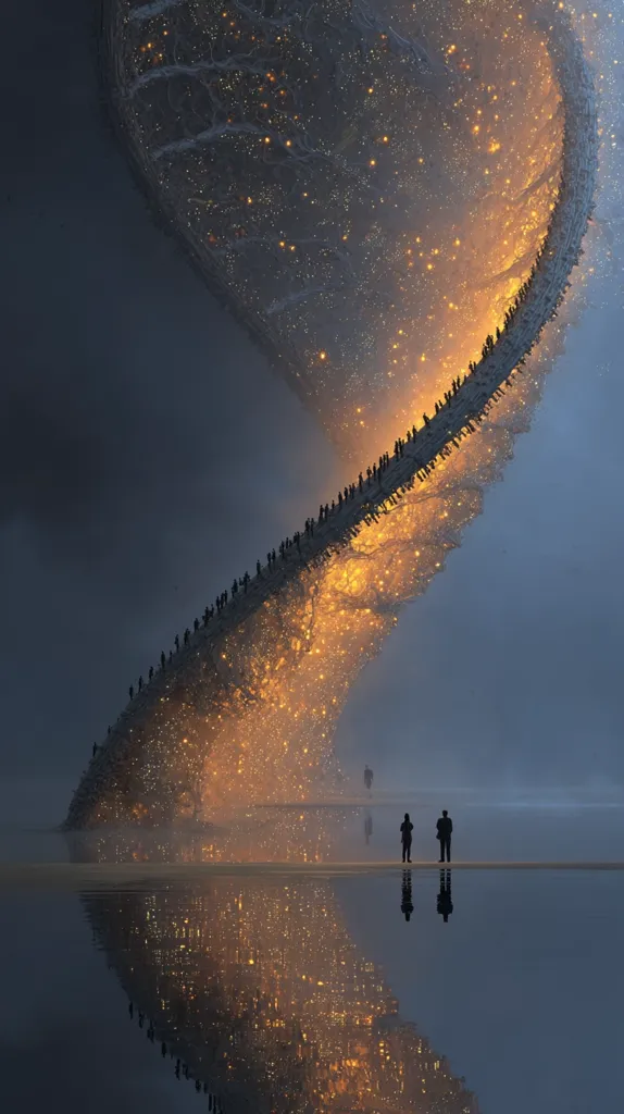 A swirling, luminous structure, resembling a celestial pathway, arcs over a calm body of water.  Countless tiny lights illuminate its surface, as figures walk along its winding path. Two lone figures stand at the water's edge, observing the breathtaking spectacle, mirrored perfectly in the still water below. The scene is surreal and dreamlike, evoking a sense of wonder and mystery.