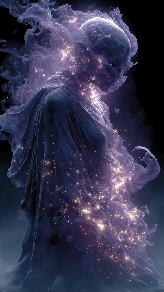 A digital artwork depicts a spectral figure, seemingly composed of swirling, ethereal purple smoke and glowing embers.  The figure's form is vaguely humanoid, draped in flowing, translucent material.  Warm, golden sparks emanate from within the figure, contrasting with the cool purple tones. The overall effect is one of both beauty and otherworldliness, suggesting a mystical or supernatural being.