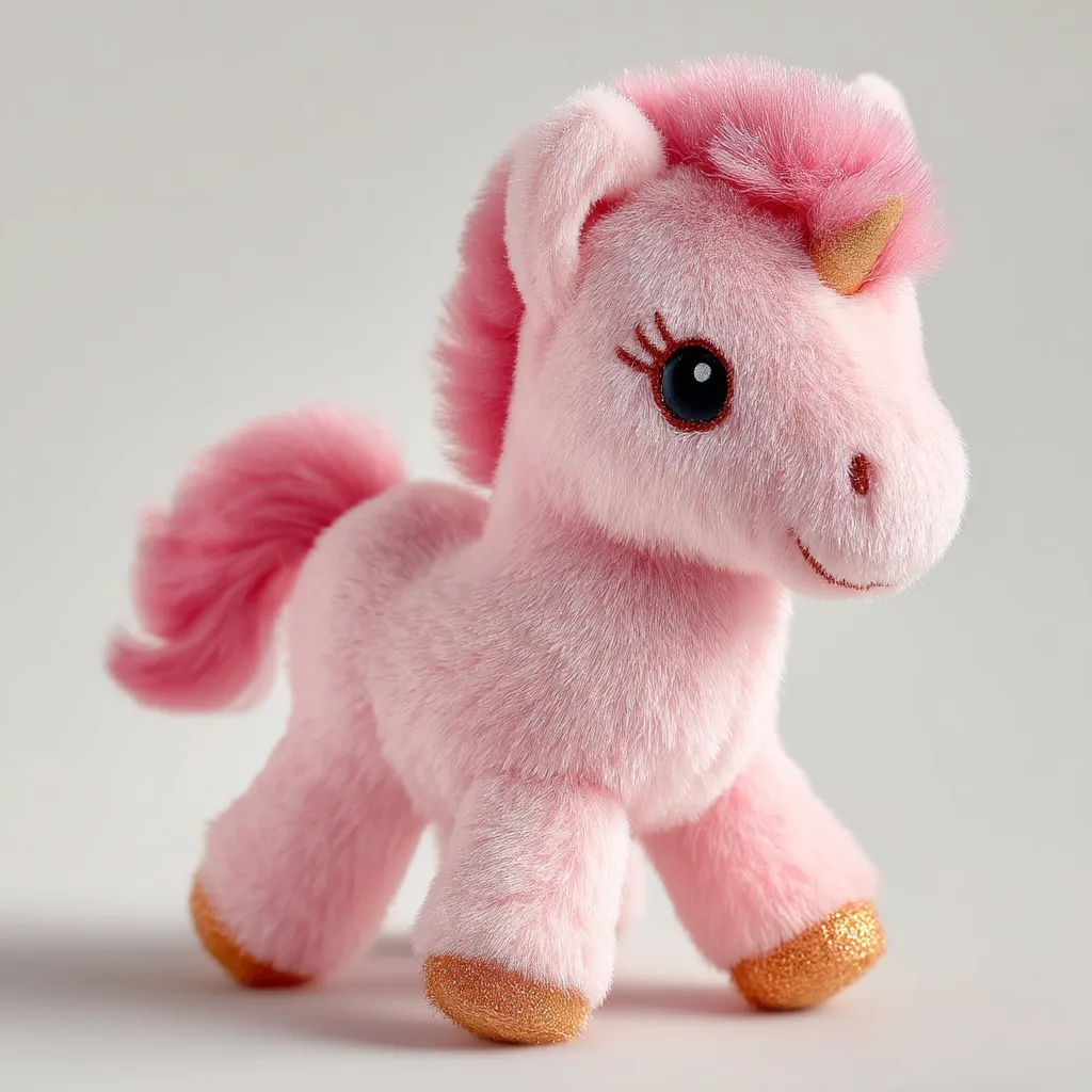 A pink plush unicorn toy stands on a light gray background.  It has a fluffy pink mane and tail, large dark eyes, and a gold horn.  The hooves are accented with a light orange-gold color.  The toy is small and appears soft and cuddly.