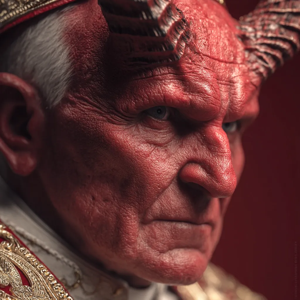 Close-up of an elderly man's face, strikingly transformed with vibrant red skin and prominent horns.  He's dressed in a papal-style garment with gold trim, creating a jarring contrast between religious attire and demonic features.  The intense gaze and detailed wrinkles convey a powerful, unsettling presence. The image is sharply focused, highlighting the texture of the skin and the intricate design of the horns.