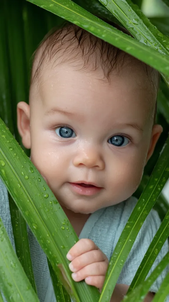 A baby with bright blue eyes peeks from behind large, rain-covered green leaves.  The baby's skin is smooth and dewy, and they are wearing a light blue garment. The image is soft-focused, emphasizing the baby's innocent expression and the lush greenery surrounding them.  The overall mood is serene and peaceful.
