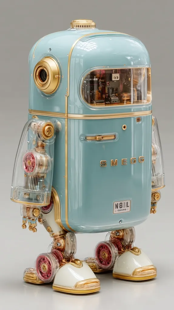 A charming, retro-styled robot is depicted, its body resembling a vintage Smeg refrigerator in pale blue with gold accents.  Clear plastic panels reveal intricate internal mechanisms.  The robot's legs are designed with visible wheels and gold-trimmed, off-white shoes.  A gold-colored camera lens is prominent on its upper body.  The overall aesthetic blends steampunk and mid-century modern design elements.