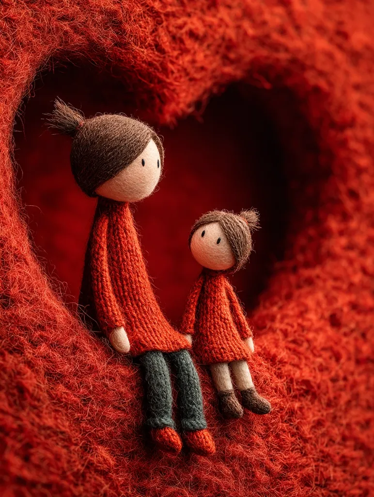 Two lovingly crafted yarn dolls, a mother and daughter, sit nestled within a heart-shaped alcove of vibrant red yarn.  The dolls, dressed in matching red sweaters and the mother in dark teal pants, exude warmth and tenderness. The textured yarn creates a rich, tactile backdrop for this heartwarming scene.