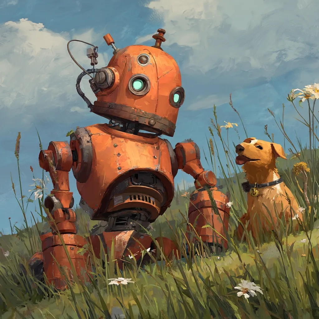 A rusty orange robot sits in a field of tall grass and wildflowers, gazing at a small, light brown dog.  The robot has glowing teal eyes and appears weathered, suggesting age or hardship. The dog, wearing a collar, looks up at the robot with a friendly expression. The scene evokes a sense of companionship and quiet contentment under a bright, partly cloudy sky.