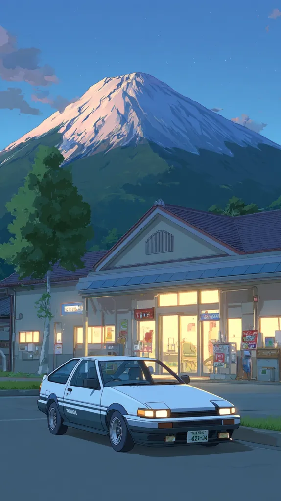 A serene evening scene unfolds, featuring Mount Fuji majestically in the background.  A white Toyota AE86 Corolla Trueno is parked in front of a brightly lit convenience store.  The illustration is done in a soft, anime-inspired style, conveying a peaceful and nostalgic atmosphere. Lush greenery and a twilight sky complete the picturesque setting.
