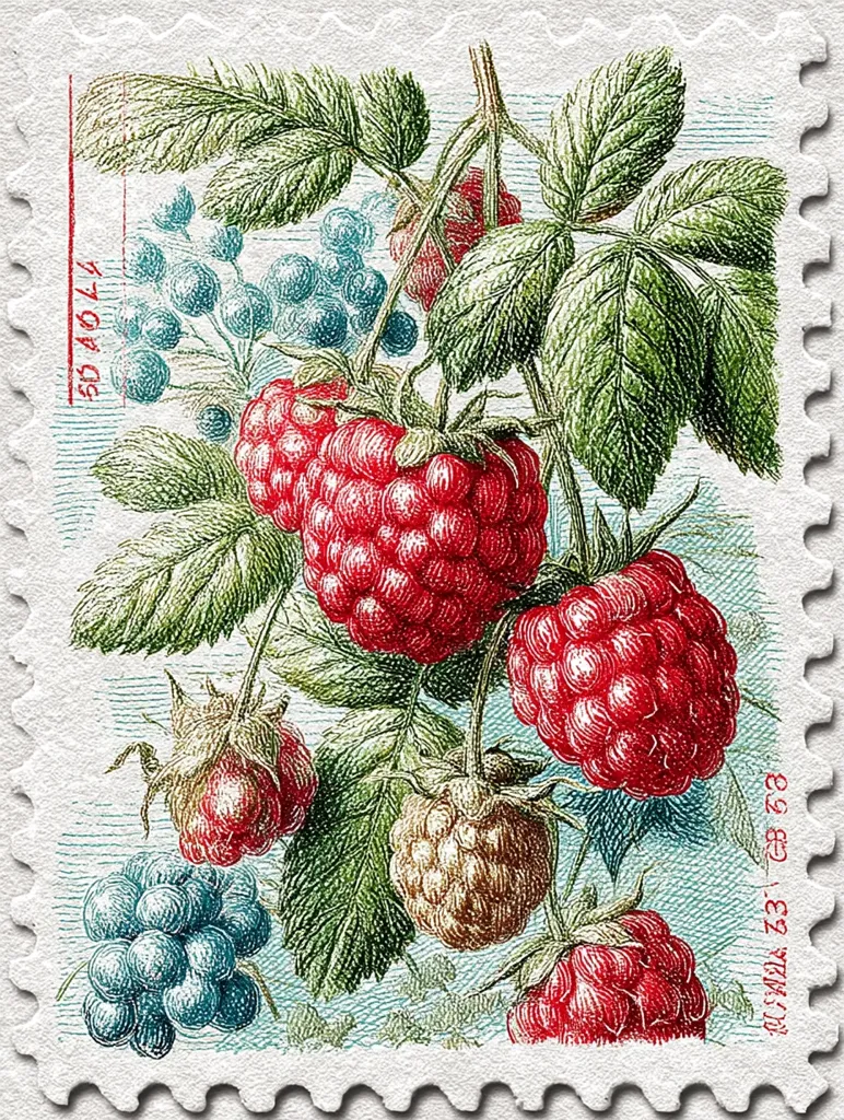 A postage stamp features a detailed illustration of raspberries and blackberries.  Red raspberries dominate, clustered on a leafy branch, alongside a few amber-toned and smaller, ripe raspberries.  Clusters of blue-gray blackberries are also depicted, adding a contrast of color and texture. The artistic style is reminiscent of botanical illustrations, with fine lines and shading. The stamp's background is a light blue-green wash.