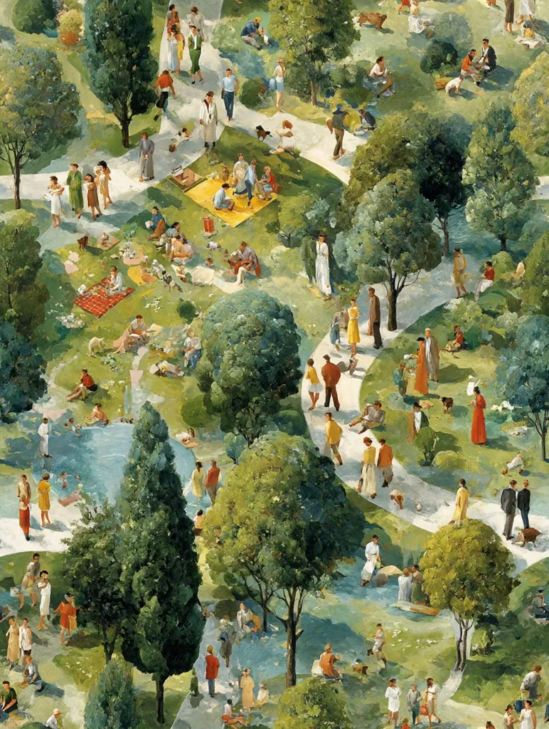 A vibrant painting depicts a bustling park scene, teeming with people enjoying a sunny day.  Meandering pathways wind through lush green trees and grassy areas, connecting numerous small groups engaged in various activities like picnicking, relaxing, and strolling.  The overall impression is one of peaceful community and leisurely enjoyment in a vibrant, idyllic setting.
