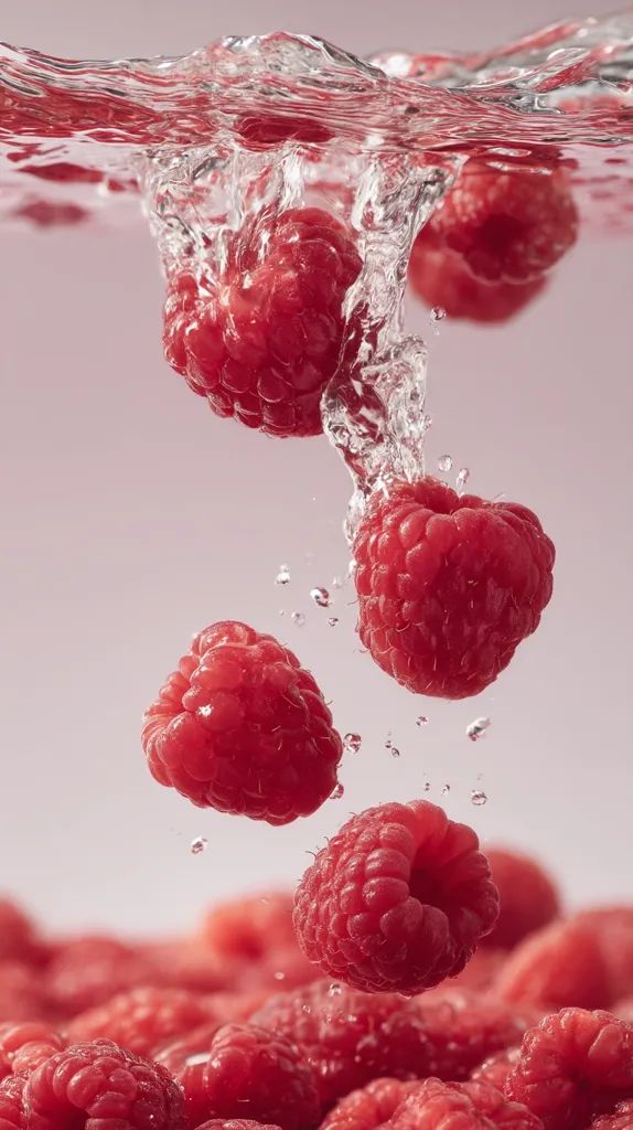 Several ripe raspberries are shown plunging into a pool of water.  Water splashes around the falling fruit, highlighting their bright red color and textured surface.  More raspberries are visible at the bottom of the image, submerged or partially submerged.  The overall effect is a refreshing and vibrant depiction of the berries.
