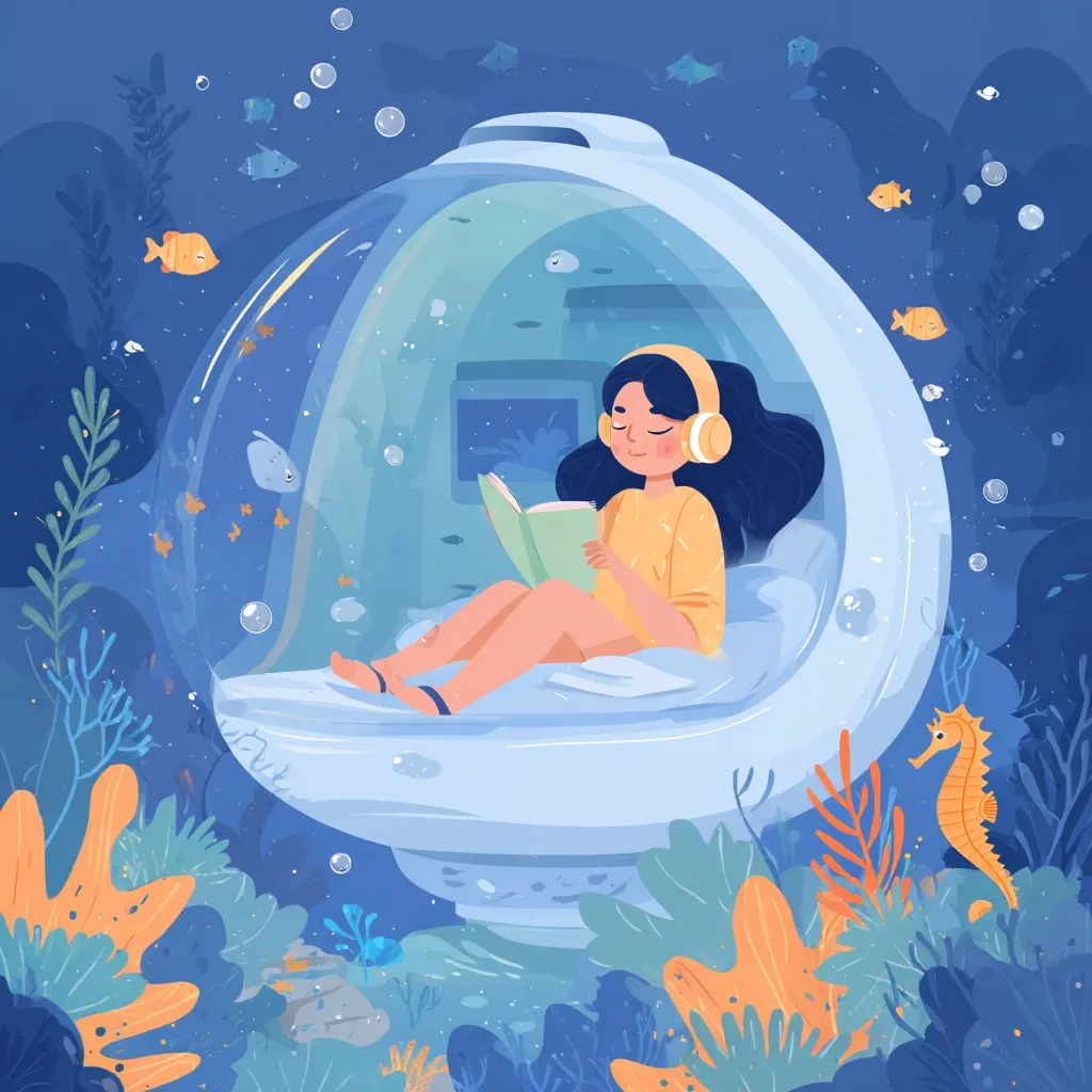 A young woman wearing headphones sits peacefully inside a transparent underwater pod, engrossed in a book.  Surrounding the pod is a vibrant underwater scene teeming with colorful fish, coral, and a seahorse.  The overall atmosphere is serene and dreamlike, suggesting a tranquil escape beneath the sea.