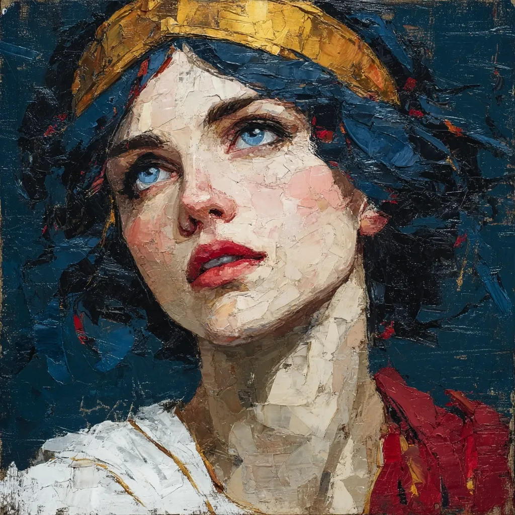 A vibrant oil painting captures a woman with striking blue eyes, her gaze directed upward.  Her dark blue hair is partially concealed by a golden headband.  She is adorned in white and red garments, the paint application thick and textured, giving the portrait a dynamic and expressive quality. The background is a deep teal, providing a stark contrast to the woman's features and clothing. The overall style evokes classical themes with a modern impasto technique.
