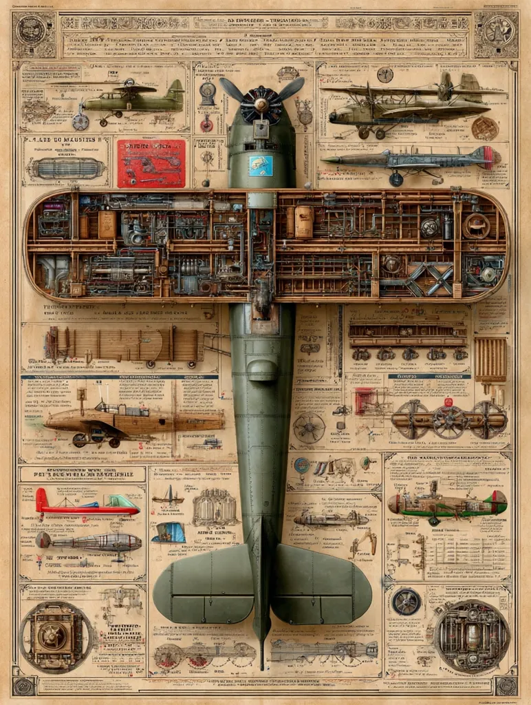 A detailed cutaway illustration of a vintage airplane dominates the center, revealing its intricate internal mechanisms.  Surrounding it are numerous smaller diagrams and illustrations depicting various aircraft components, engineering drawings, and related historical artifacts, creating a comprehensive visual encyclopedia of early aviation technology. The style evokes antique technical manuals or blueprints.