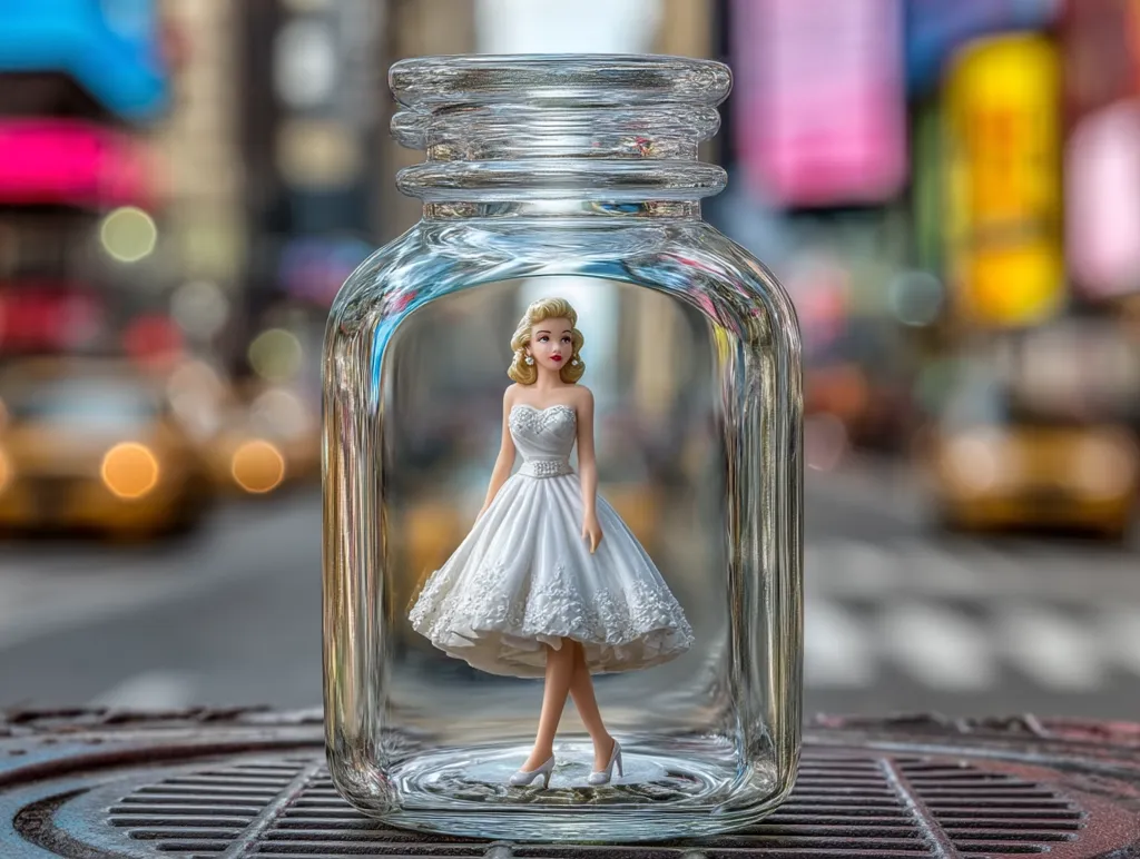 A miniature bride in a white dress is captured inside a clear glass jar. The jar sits on a city street grate, with a blurred background of New York City's vibrant streets and traffic. The image juxtaposes the small, delicate figure with the bustling urban environment, creating a sense of confinement or longing for something beyond the jar.  The contrast between the bride's delicate attire and the harshness of the city adds to the image's intrigue.