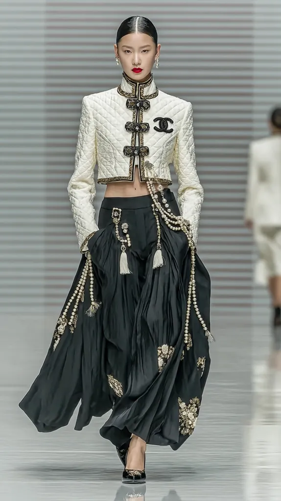 A model showcases a striking ensemble: a cream quilted cropped jacket adorned with gold buttons and a Chanel logo, paired with a flowing black pleated maxi skirt embellished with pearl chains and gold detailing.  The skirt features delicate floral embroidery and tassels, complementing the jacket's opulent detailing. The overall look is sophisticated and dramatic.