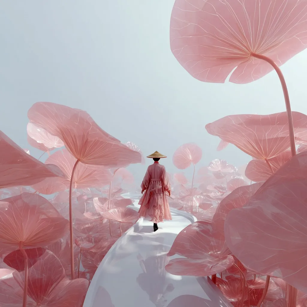 A person in a pink robe and conical hat walks down a path.  The path is bordered by oversized, translucent pink lotus leaves that create a surreal, dreamlike landscape.  The scene is bathed in soft, pale light, enhancing the ethereal quality of the image.  The overall mood is serene and peaceful.