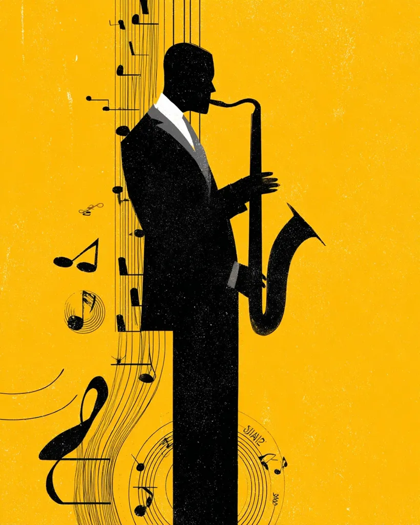 A stylized illustration depicts a saxophonist silhouetted against a vibrant yellow background.  The musician, dressed in a suit, plays his saxophone amidst a flowing cascade of musical notes and swirling musical staves. The bold black silhouette contrasts sharply with the bright yellow, creating a visually striking image evocative of jazz music.  The style is graphic and minimalist, emphasizing form and movement.