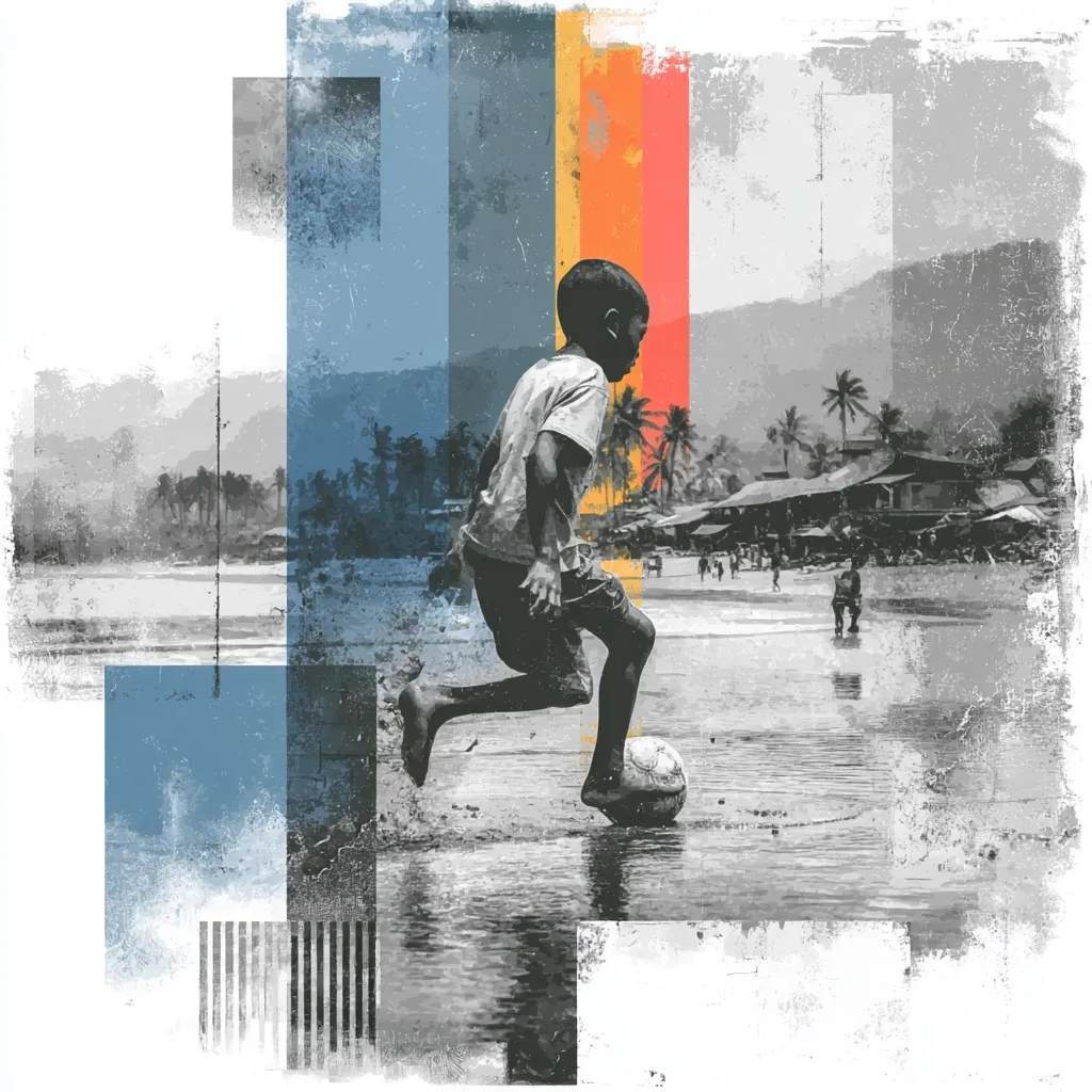 A stylized image depicts a young boy, in profile, kicking a soccer ball in shallow water near a tropical beach.  The scene is rendered in grayscale with pops of muted orange and blue geometric shapes overlaid, giving it a textured, almost collage-like effect.  Palm trees and beach huts are visible in the background, suggesting a relaxed, coastal setting. The overall mood is one of playful energy and carefree movement.
