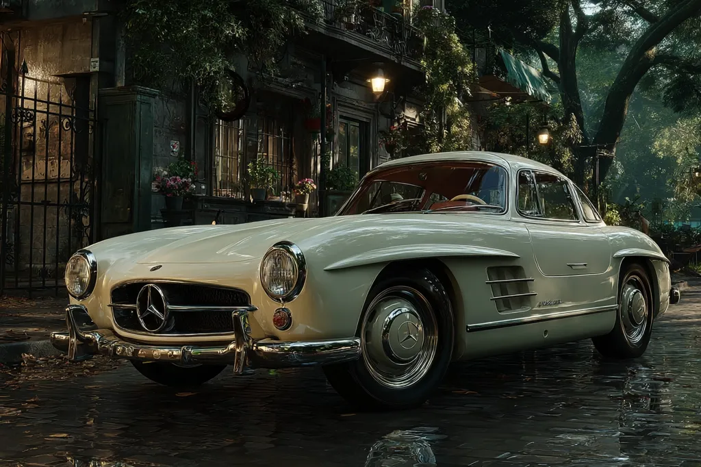A classic off-white Mercedes-Benz 300SL Gullwing coupe is parked on a cobblestone street, next to a quaint European-style building.  The scene is dimly lit, with streetlights casting a warm glow. Lush green trees and potted flowers add to the romantic ambiance. The car is meticulously detailed, showcasing its elegant design and timeless appeal.  Rain reflects on the wet street, enhancing the overall mood.