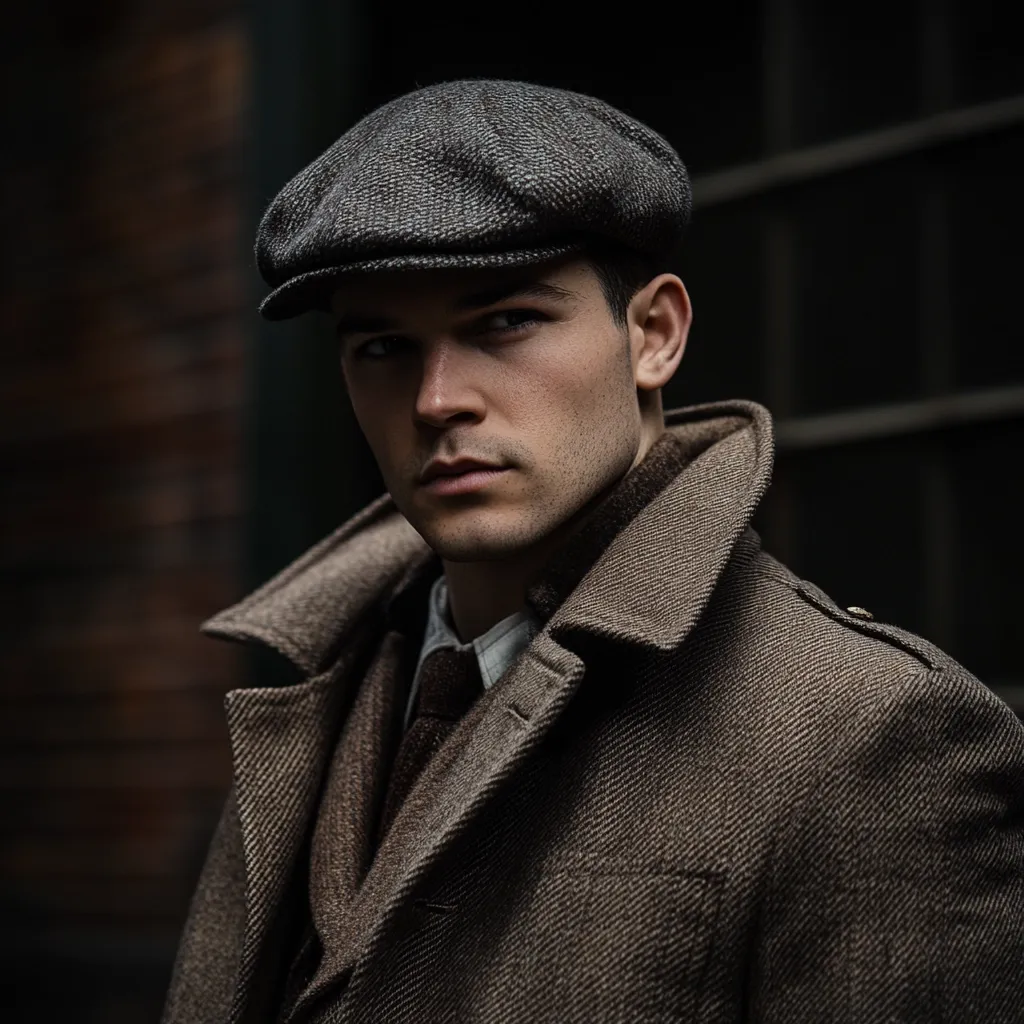 A young man with a serious expression is captured in a close-up shot. He's wearing a dark brown tweed overcoat, a matching newsboy cap, and a subtle patterned tie. The image has a moody, slightly dark atmosphere, with the background blurred and out of focus, drawing attention to the man's sharp features and stylish attire.  The overall style evokes a vintage or classic feel.