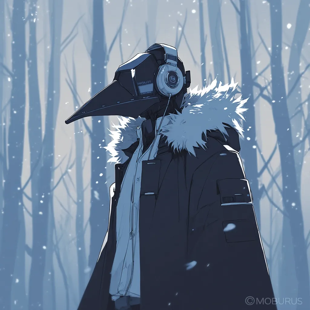 A stylized figure, cloaked in a dark coat with a fur-trimmed hood, stands in a snowy forest.  The figure wears a large, beak-like mask and over-ear headphones.  The scene is rendered in cool blues and grays, creating a melancholic and futuristic atmosphere.  Snow gently falls, adding to the desolate beauty of the winter setting.