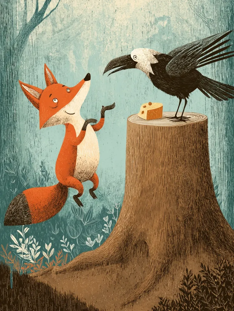 A whimsical illustration depicts a fox and a raven interacting near a tree stump.  The fox, with its vibrant orange fur, appears to be politely requesting a piece of cheese perched atop the stump. The raven, dark and imposing, observes the fox with a knowing gaze. The style is reminiscent of children's book illustrations, with textured lines and muted colors creating a charming forest scene.