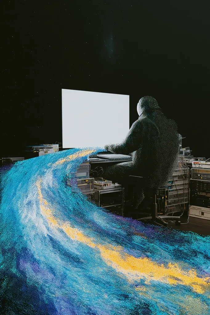 A hooded figure sits before a bright white screen, seemingly working on a computer.  The scene is surreal, with a vibrant, swirling blue and gold nebula-like stream emanating from the screen and flowing across the floor, obscuring a rack of technological equipment. The overall aesthetic is dark and artistic, blending digital and painterly elements.  The image suggests a connection between digital technology and the vastness of space.