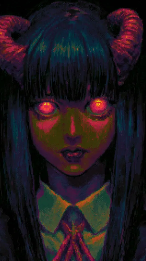 A digital painting of a young woman with dark hair and horns, glowing red eyes, and a collared shirt.  The style is pixelated and the color palette is dark, with vibrant reds and greens highlighting her features. The overall mood is mysterious and slightly sinister, suggestive of a demonic or supernatural being.  Her expression is serious and her hands are clasped in front of her.