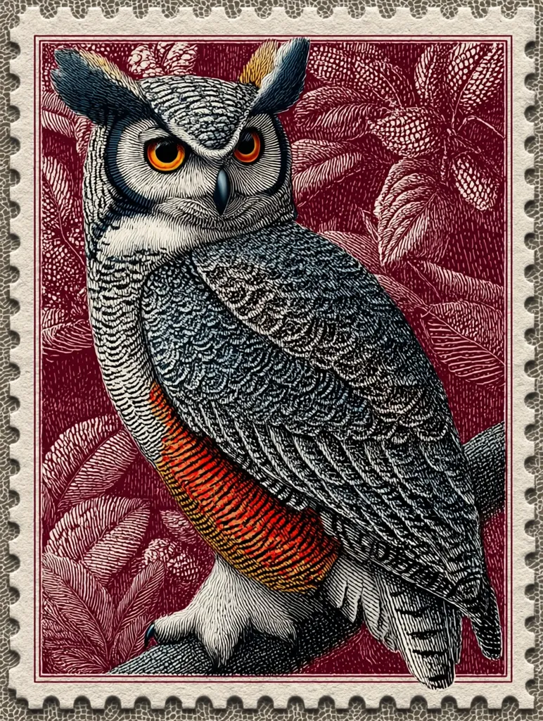 A postage stamp features a detailed illustration of a majestic owl.  The owl, predominantly gray and white with striking orange-red accents on its lower breast, is perched on a branch. The background is a rich maroon color, intricately engraved with stylized foliage. The stamp's design is reminiscent of vintage or antique printing techniques, adding a sense of classic elegance.