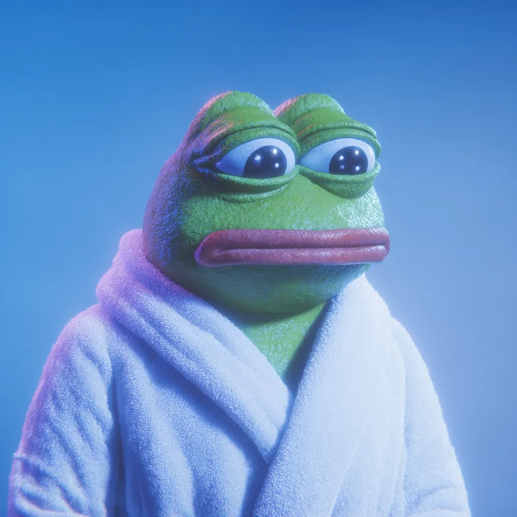 A 3D rendering of Pepe the Frog, the popular internet meme, depicted in a white bathrobe.  Pepe's expression is one of profound sadness or disappointment, his large eyes wide and downturned. The overall color palette is cool-toned, with a blue-purple hue dominating the background and subtly affecting the frog and robe. The image evokes a feeling of melancholy and weariness.